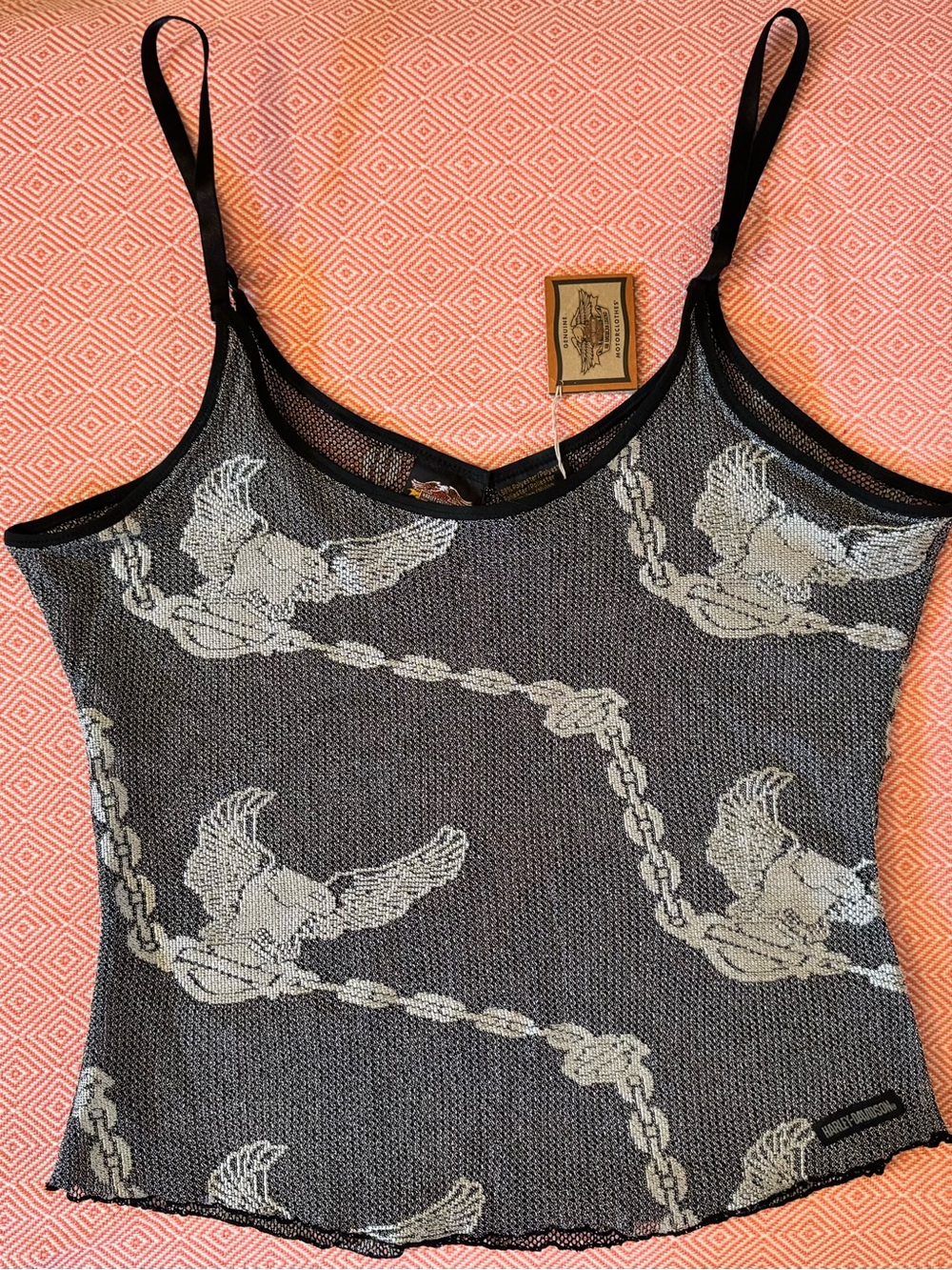 Harley Davidson Black Mesh Tank Top with Eagle  & Chain Pattern. Medium.
